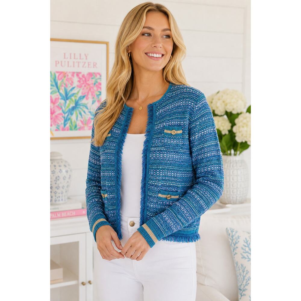 Lilly Pulitzer Beckington Cardigan Sweater Medium Grotto Metallic Tweed Fringe